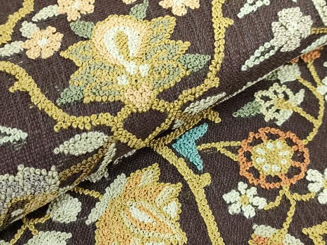 平和屋本店＊最高級　夏物　中国三大刺繍　総相良刺繍　総刺繍　袋帯　正倉院花文　紫鳶色地　逸品　未使用　DZAB8037kh6