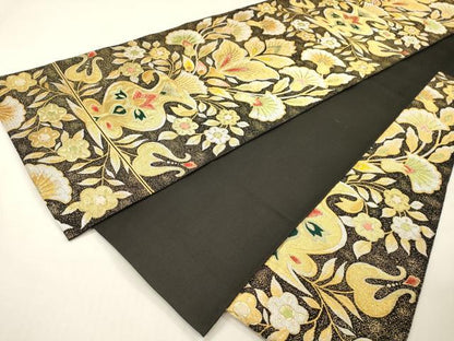 平和屋着物▼六通柄　本袋帯　飾花文　黒地　金銀糸　正絹　逸品　DABH7039fe
