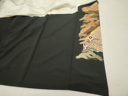 平和屋着物■豪華黒留袖　駒刺繍　扇面枝梅文　金彩　正絹　逸品　DABI0668cd