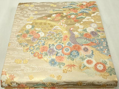 平和屋本店▼六通柄袋帯　唐織　流苑孔雀文　本金箔　正絹　逸品　DABI1071sf