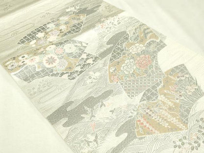 平和屋本店▼六通柄袋帯　扇面取流水華　プラチナ本金箔　正絹　逸品　DABI1079sf