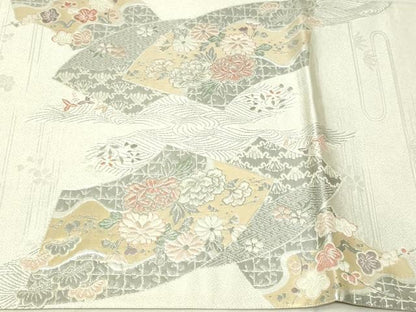 平和屋本店▼六通柄袋帯　扇面取流水華　プラチナ本金箔　正絹　逸品　DABI1079sf