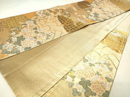 平和屋本店▼六通柄袋帯　花鳥文　本金箔二重織　正絹　逸品　DABI1128sf