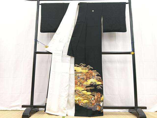 平和屋着物■豪華黒留袖　駒刺繍　飛鶴平安人物文　金彩　正絹　逸品　BAAX9191yc