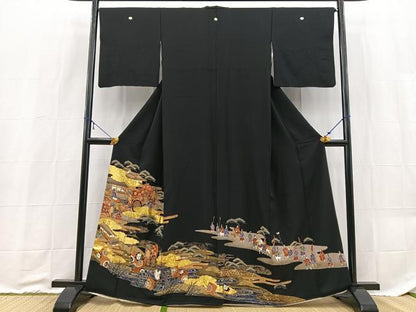 平和屋着物■豪華黒留袖　駒刺繍　飛鶴平安人物文　金彩　正絹　逸品　BAAX9191yc