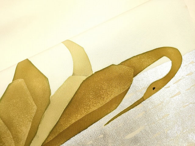 平和屋着物●塩瀬　九寸名古屋帯　ろうけつ染め　群鳥　銀彩　正絹　逸品　CABJ2048dy