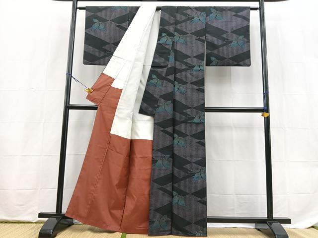 平和屋着物■小紋　舞蝶文　黒地　洗える着物　BAAX9280yc