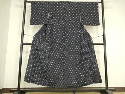 平和屋着物▽上質な紬　単衣　菱繋ぎ　正絹　逸品　DABH6124az