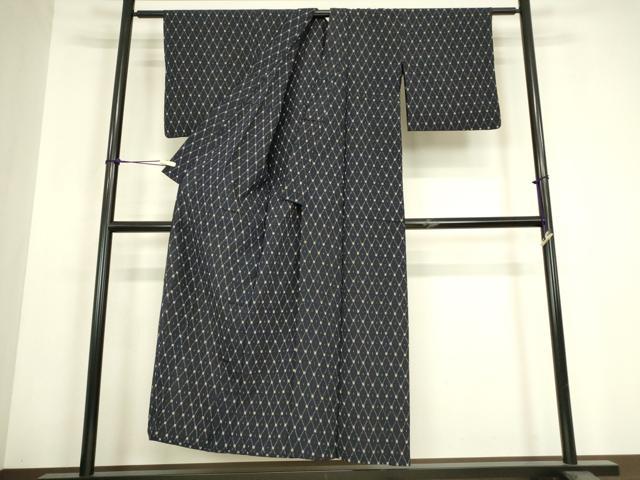 平和屋着物▽上質な紬　単衣　菱繋ぎ　正絹　逸品　DABH6124az
