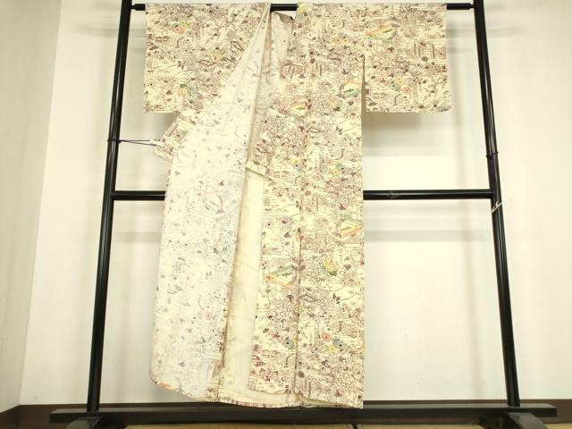 平和屋着物▽上質な小紋　単衣　型染　風景花文　正絹　逸品　DABH6114az