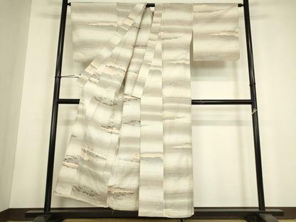 平和屋着物▽上質な紬　単衣　霞横段文　正絹　逸品　DABH6107az