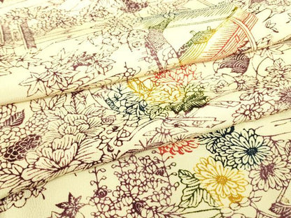 平和屋着物▽上質な小紋　単衣　型染　風景花文　正絹　逸品　DABH6114az