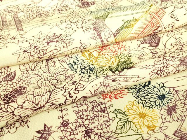 平和屋着物▽上質な小紋　単衣　型染　風景花文　正絹　逸品　DABH6114az