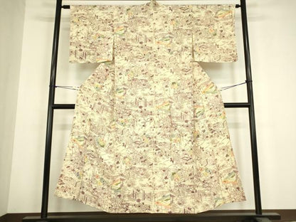 平和屋着物▽上質な小紋　単衣　型染　風景花文　正絹　逸品　DABH6114az
