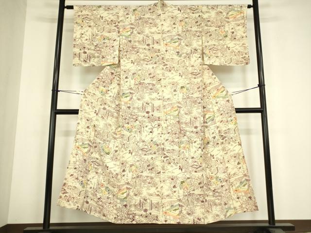 平和屋着物▽上質な小紋　単衣　型染　風景花文　正絹　逸品　DABH6114az
