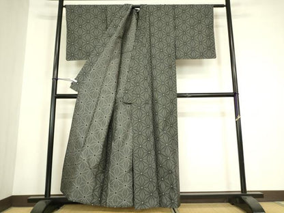 平和屋着物▽上質な紬 　単衣　麻の葉文 　正絹　逸品　未使用　DABH6101az
