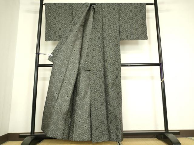 平和屋着物▽上質な紬 　単衣　麻の葉文 　正絹　逸品　未使用　DABH6101az
