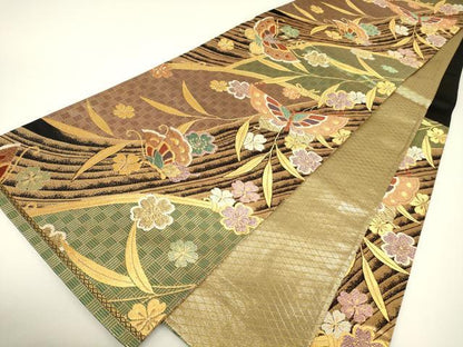 平和屋着物▼佐賀錦　六通柄袋帯　舞蝶花文　金糸　正絹　逸品　DABH6168az