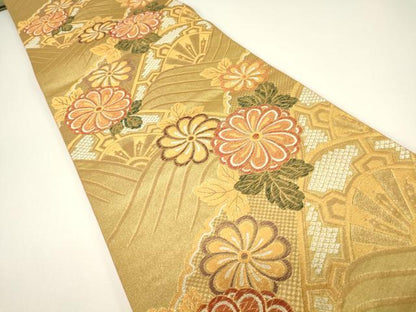 平和屋着物▼六通柄袋帯　片輪車花文　金糸　鈴乃屋扱い　正絹　逸品　DABH6148az