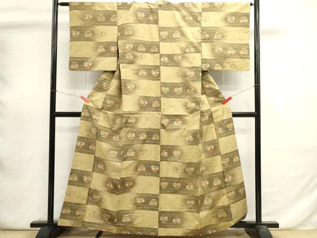 平和屋着物■上質な紬　横段舞蝶文　正絹　逸品　DABI072cd