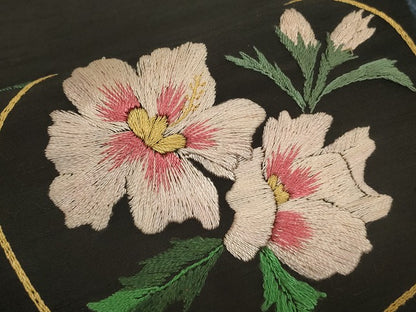 平和屋着物●アンティーク　大正ロマン　九寸名古屋帯　紬地　総刺繍　花丸文　黒地　金糸　DABH6200az
