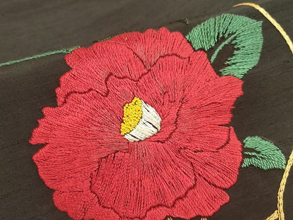 平和屋着物●アンティーク　大正ロマン　九寸名古屋帯　紬地　総刺繍　花丸文　黒地　金糸　DABH6200az