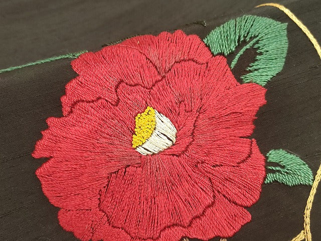 平和屋着物●アンティーク　大正ロマン　九寸名古屋帯　紬地　総刺繍　花丸文　黒地　金糸　DABH6200az