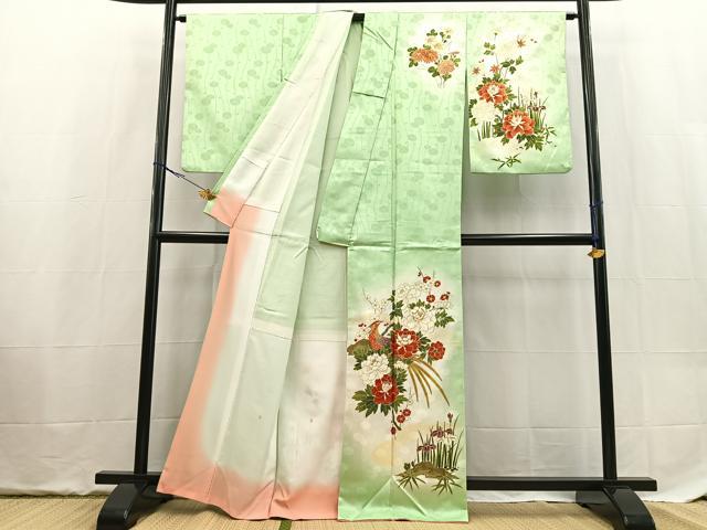 平和屋着物■訪問着　駒刺繍　孔雀花文　暈し染め　金彩　洗える着物　BAAX9329yc