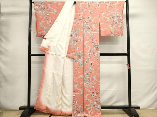 平和屋着物■上質な小紋　型染め　流水花蝶文　正絹　逸品　DABI0775cd