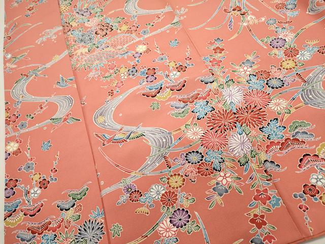 平和屋着物■上質な小紋　型染め　流水花蝶文　正絹　逸品　DABI0775cd