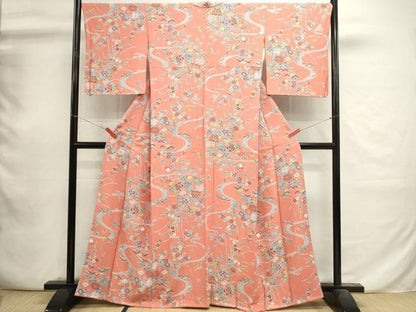 平和屋着物■上質な小紋　型染め　流水花蝶文　正絹　逸品　DABI0775cd