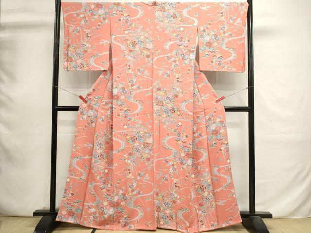 平和屋着物■上質な小紋　型染め　流水花蝶文　正絹　逸品　DABI0775cd