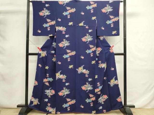 平和屋着物■上質な小紋　型染め　草花文　鬼しぼ縮緬　正絹　逸品　DABI0785cd