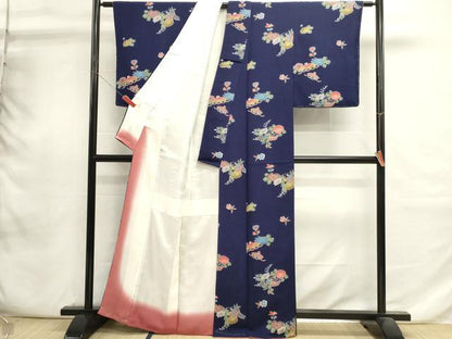 平和屋着物■上質な小紋　型染め　草花文　鬼しぼ縮緬　正絹　逸品　DABI0785cd
