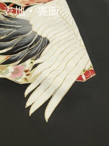 平和屋着物▼黒留袖　解き反物　着尺　飛鶴扇面花文　黒地　金彩　逸品　DABH8158zy