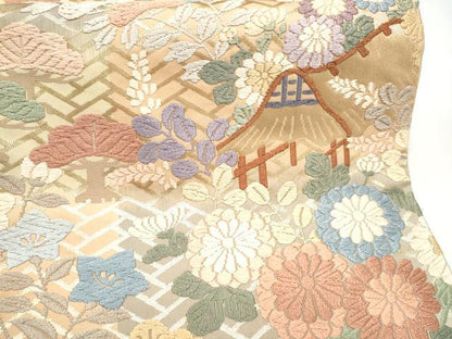 平和屋着物●六通柄袋帯　唐織　風景草花文　金糸　正絹　逸品　CABJ4962hy