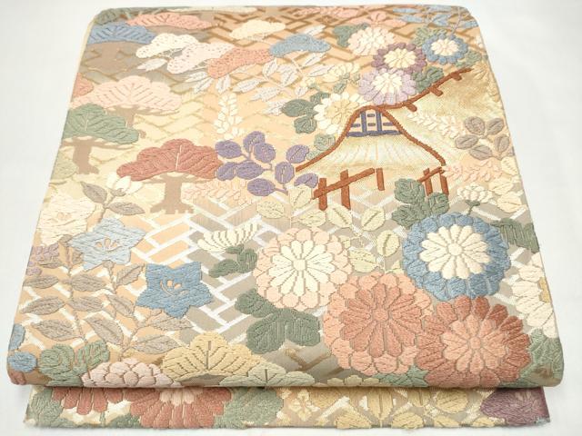 平和屋着物●六通柄袋帯　唐織　風景草花文　金糸　正絹　逸品　CABJ4962hy