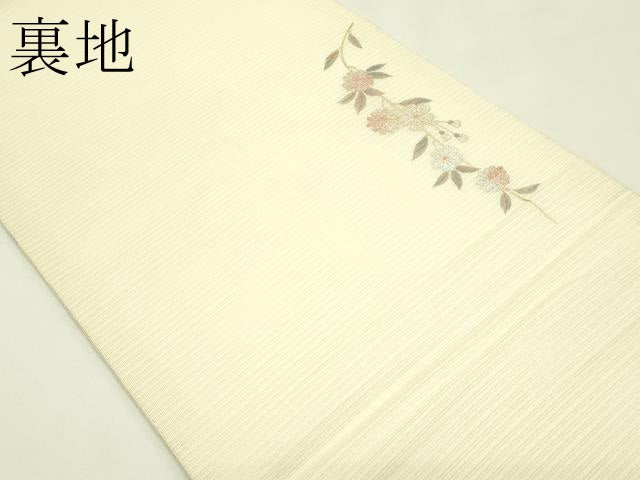 平和屋着物＊夏物　九寸名古屋帯　駒刺繍　扇面流水花文　銀通し地　正絹　逸品　CABJ1700rv
