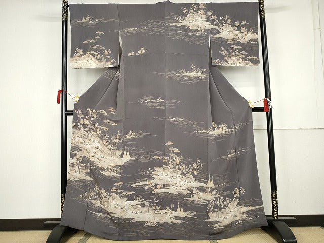 平和屋着物●訪問着　友禅　浜松風景文　金彩　鬼しぼ縮緬　正絹　逸品　AABI5273cs