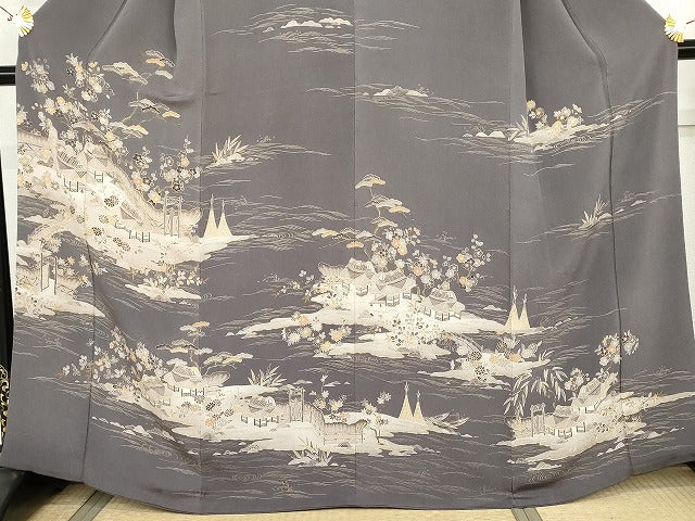 平和屋着物●訪問着　友禅　浜松風景文　金彩　鬼しぼ縮緬　正絹　逸品　AABI5273cs