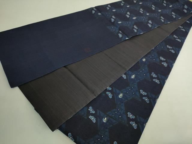 平和屋本店●最高級　城間栄順・城間栄喜・城間栄市　本場琉球紅型　六通柄袋帯　スリーシーズン帯　藍　花蝶文　逸品　DZAB8261kh6　