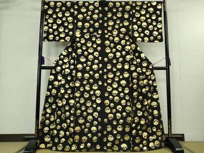 平和屋本店●極上　小紋　髑髏　骸骨　黒地　金彩　反端付き　逸品　未使用　DZAB2454kh6