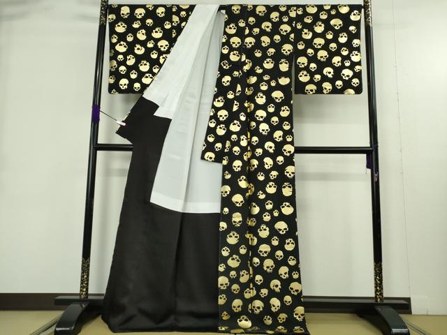 平和屋本店●極上　小紋　髑髏　骸骨　黒地　金彩　反端付き　逸品　未使用　DZAB2454kh6