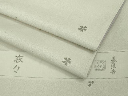 平和屋本店●極上　京都・西陣　織元ブランド　泰流舎　お召　衣々　舞桜　灰黄緑色地　反端付き　逸品　未使用　DZAB3852kh6