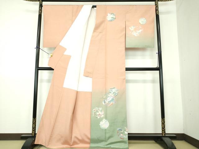 平和屋着物●十日町　加賀草木友禅の第一人者　田村哲彦　訪問着　紬地　吉祥舞蝶花文　正絹　逸品　DABH9470ps