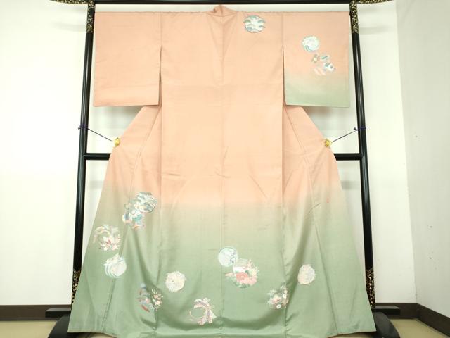 平和屋着物●十日町　加賀草木友禅の第一人者　田村哲彦　訪問着　紬地　吉祥舞蝶花文　正絹　逸品　DABH9470ps