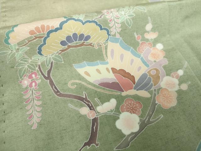 平和屋着物●十日町　加賀草木友禅の第一人者　田村哲彦　訪問着　紬地　吉祥舞蝶花文　正絹　逸品　DABH9470ps