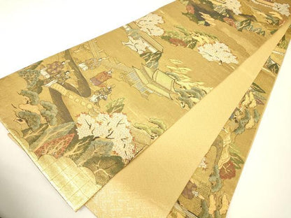 平和屋着物▼佐賀錦　全景全通柄袋帯　御所車人物文　金糸　正絹　逸品　DABH6265az