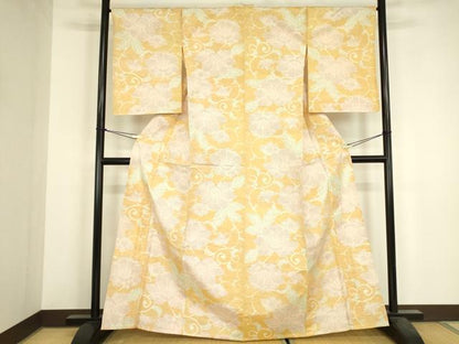 平和屋着物▽上質な紬　単衣　牡丹唐草文　正絹　逸品　DABH6287az