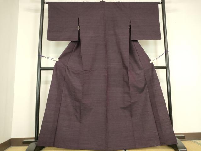 平和屋着物▽長井紬 　単衣　深紫色　反端付き 　正絹　逸品　未使用　DABH6279az